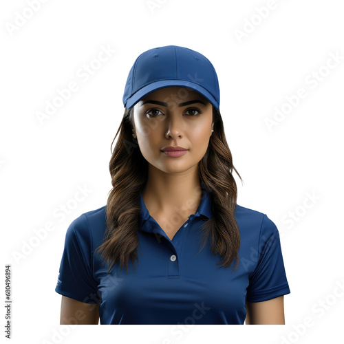 asia female worker, young, wearing a blue shirt and a blue hat