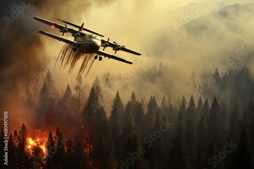 Airplane firefighting of forest wildfire. Dangerous Ecological Emergency.