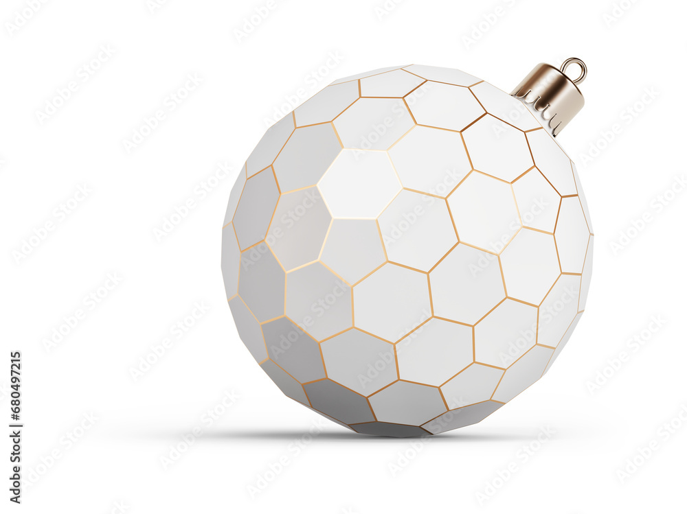 Obraz premium Gold and white futuristic Christmas ball turned to right. New Year tree toy decoration Isolated on transparent background. 3D render