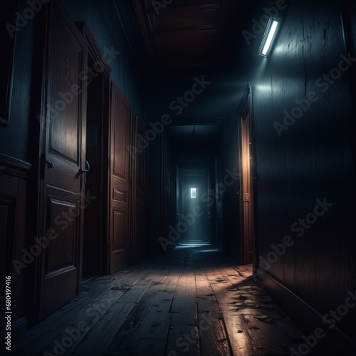 dark corridor with horror ghost and mysterious walls in a dark corridor with wooden doors with a wooden floor, horror scene. halloween, horror concept,dark corridor with horror ghost and mysterious wa photo