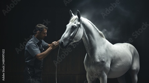 A stable hand brushes a horse's coat, creating a shining and sleek appearance.