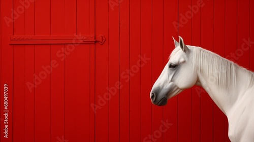 A stunning portrait of a white horse against a vibrant red barn wall. photo
