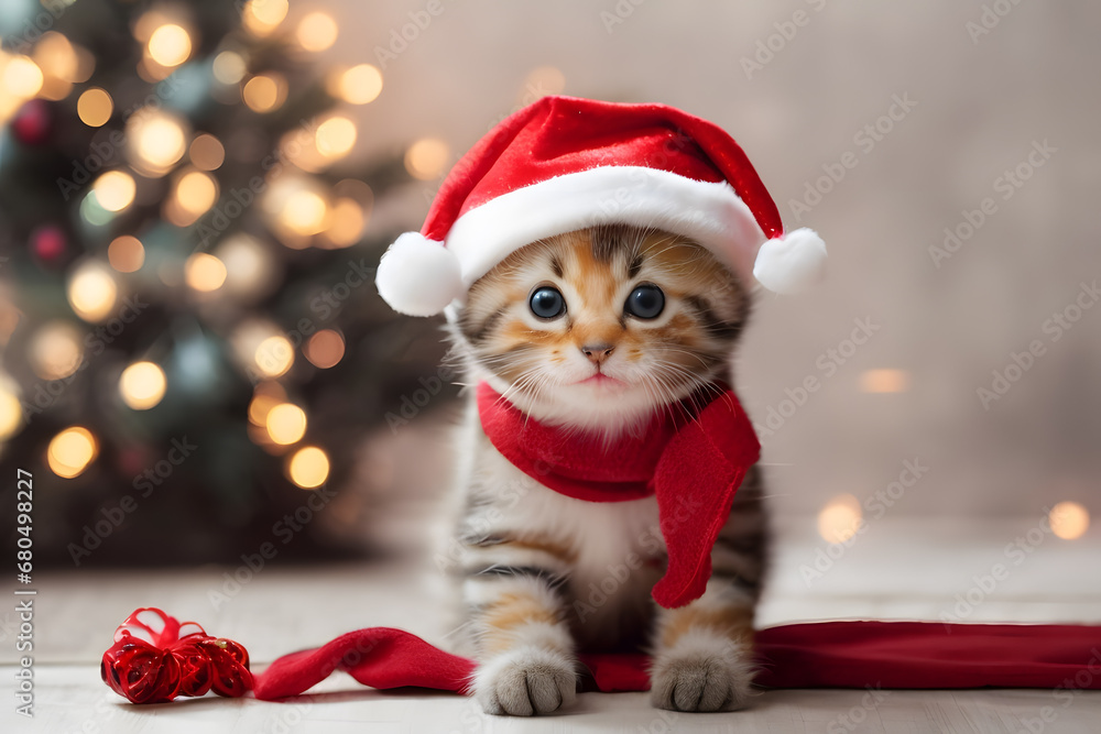 Christmas cute kitten wearing Santa hat and red scarf Christmas cute kitten wearing Santa hat and red scarf