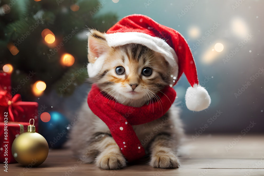 Christmas cute kitten wearing Santa hat and red scarf Christmas cute kitten wearing Santa hat and red scarf