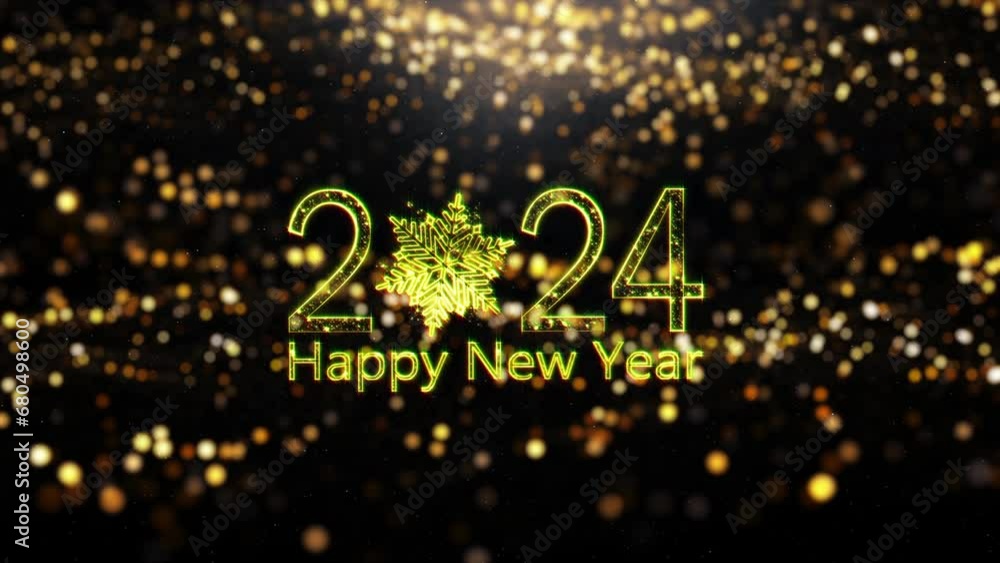Happy New Year 2024 golden text with glow glittering gold bokeh and ...