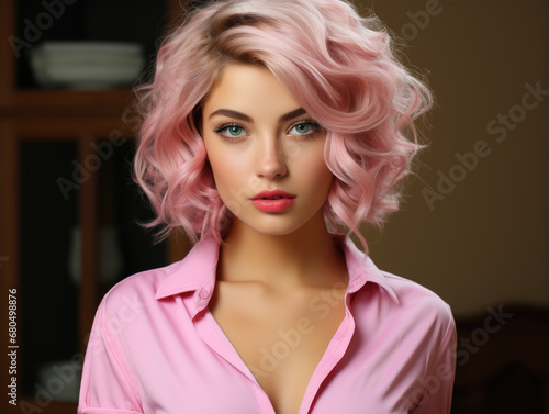 Charming blonde young model woman with a fashionable dyed hair style by the hairdresser.