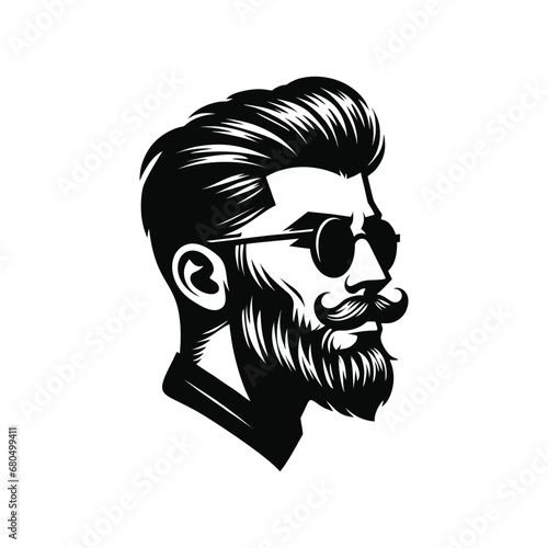 Stylish barber shop logo featuring a dashing man with a beard and mustache.