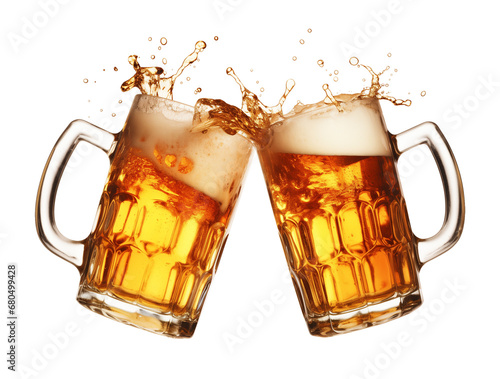 Two Beer Mugs Splash Toast Cheers Isolated on Transparent Background

