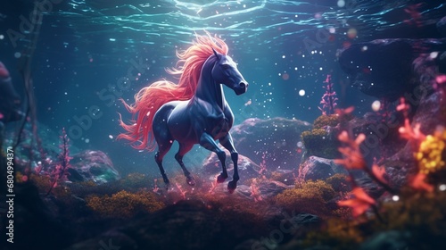 a surreal underwater world where the amazing forest horse gracefully swims amidst bioluminescent creatures. © Muzamil