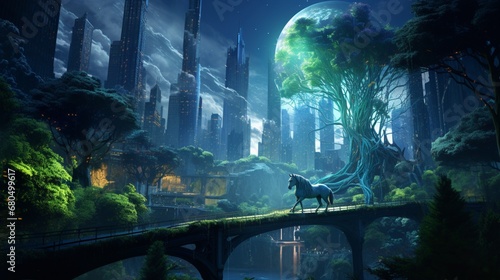 a vibrant  glowing city hidden within the forest  where the amazing forest horse is a revered guardian.