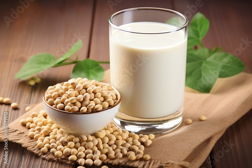a glass of milk and a bowl of soybeans