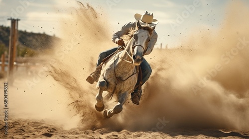 Amidst a dusty rodeo arena  a talented rider showcases incredible horseback riding skills.