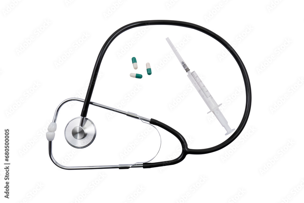 Medical stethoscope, pills and syringe isolated on white background. Medical diagnosis and treatment concept Medical stethoscope, pills and syringe isolated on white background. Medical diagnosis and treatment concept