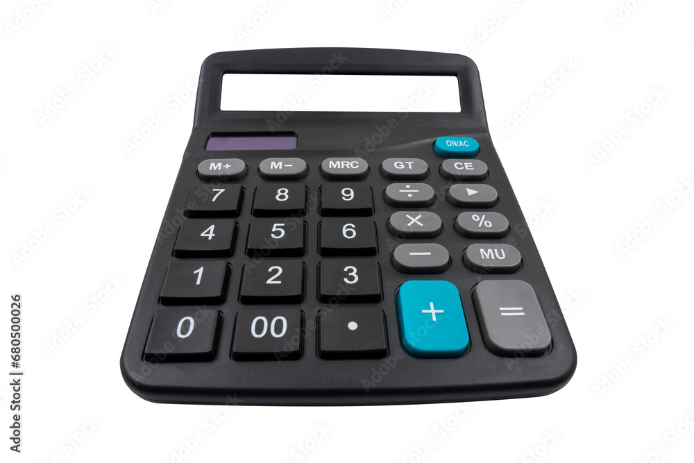 Top view of a digital calculator with a blank screen (close-up) on a transparent background. Arithmetic device Top view of a digital calculator with a blank screen (close-up) on a transparent background. Arithmetic device