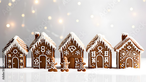 Decorated Gingerbread Houses with Festive Lights Background