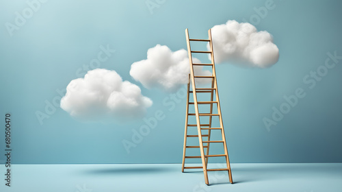 Wooden Ladder Reaching Towards Fluffy Clouds in Blue Sky