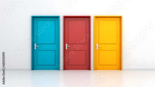Colorful Trio of Doors in Blue, Red, and Yellow on a White Background