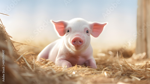 Adorable Newborn Piglet on Hay in Sunlight © HappyKris