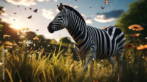 A black and white zebra stood on the green grass with a few birds flying around it © Amal