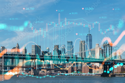 Photography Brooklyn and Manhattan bridges with New York City financial downtown skyline panorama at day time over East River