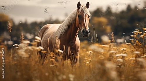 A brown horse grazing in a meadow, macro photography