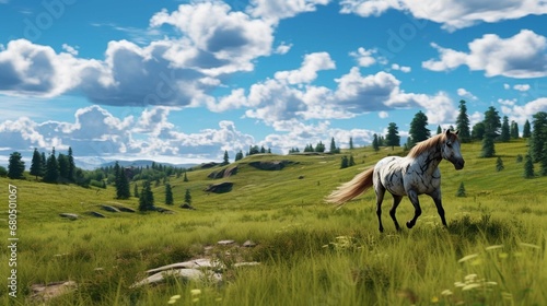  A vast grassland with a wild horse running on it, surrounded by green trees and blue sky and white clouds,