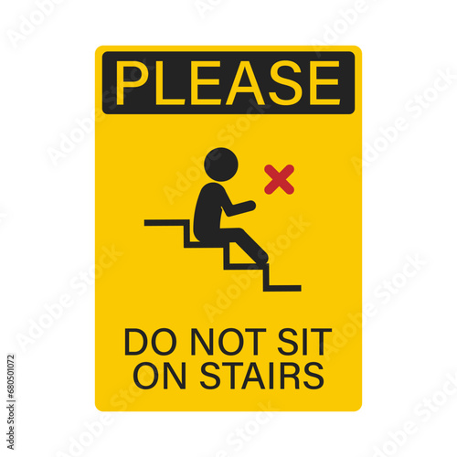 Printable safety sticker sign of do not sit on stairs, prohibited to sit, loiter or block of stair way