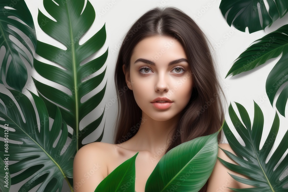 Portrait of beautiful young woman surrounded by tropical leaves. Beauty, fashion Portrait of beautiful young woman surrounded by tropical leaves. Beauty, fashion