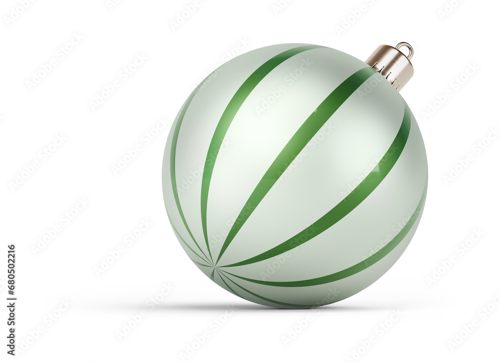 Green and silver Christmas ball turned to right. New Year tree toy decoration Isolated on transparent background. 3D render Green and silver Christmas ball turned to right. New Year tree toy decoration Isolated on transparent background. 3D render