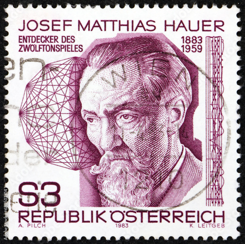 Postage stamp Austria 1983 shows Josef Matthias Hauer (1883-1959), was an Austrian composer and music theorist photo