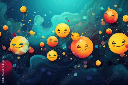 Smiling Emoji background with balloons and confetti. Abstract background for Global Belly Laugh Day