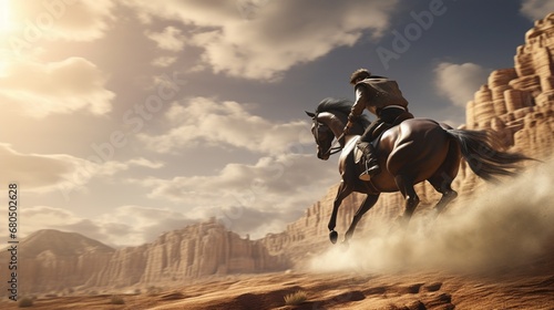 Amidst a wild west landscape  a rider and horse put on a breathtaking show of agility and control.