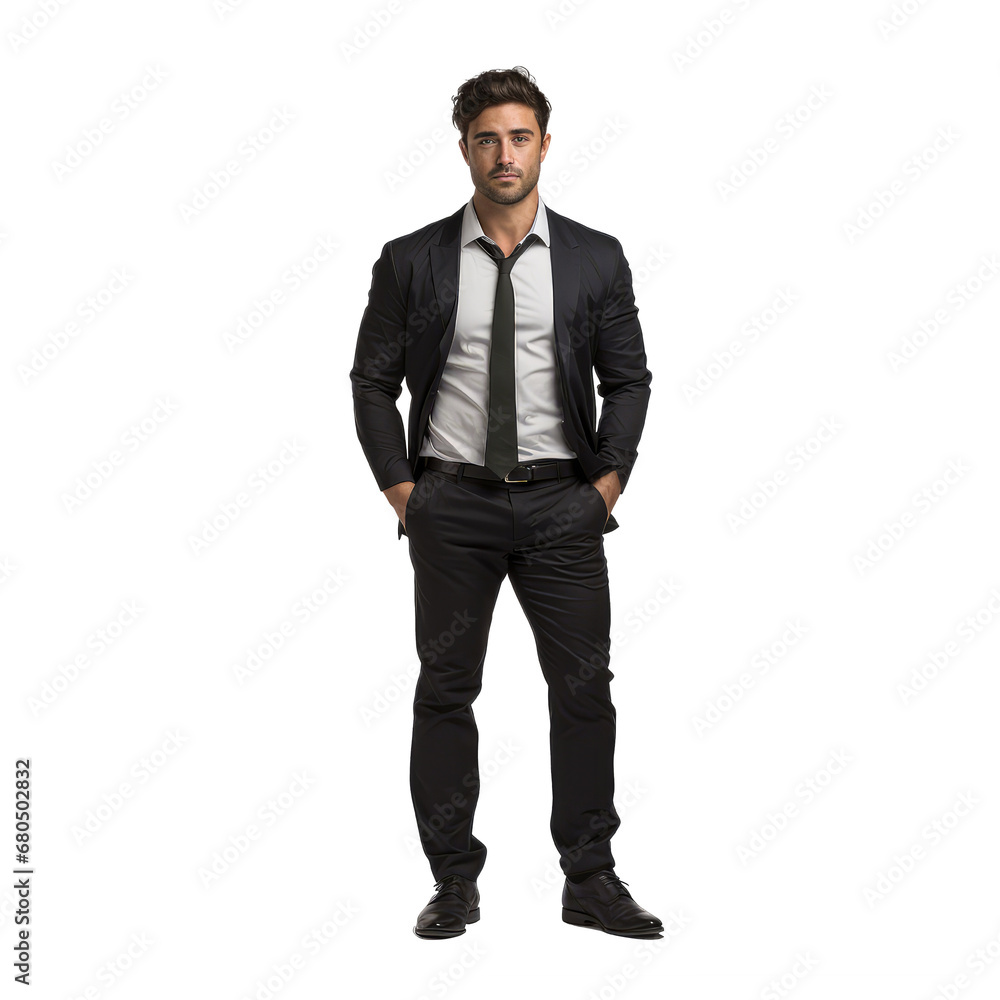 Full picture of young male architect, black pants, black shoes standing against Full picture of young male architect, black pants, black shoes standing against