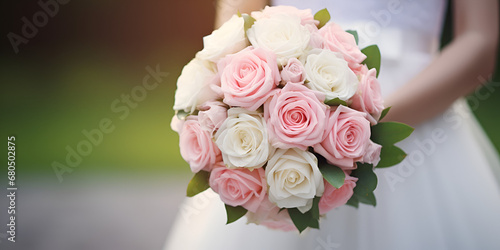 A wedding bouquet of pink and white roses lies on a plume wedding dress The bouquet  Bride holding wedding bouquet. Generative Ai