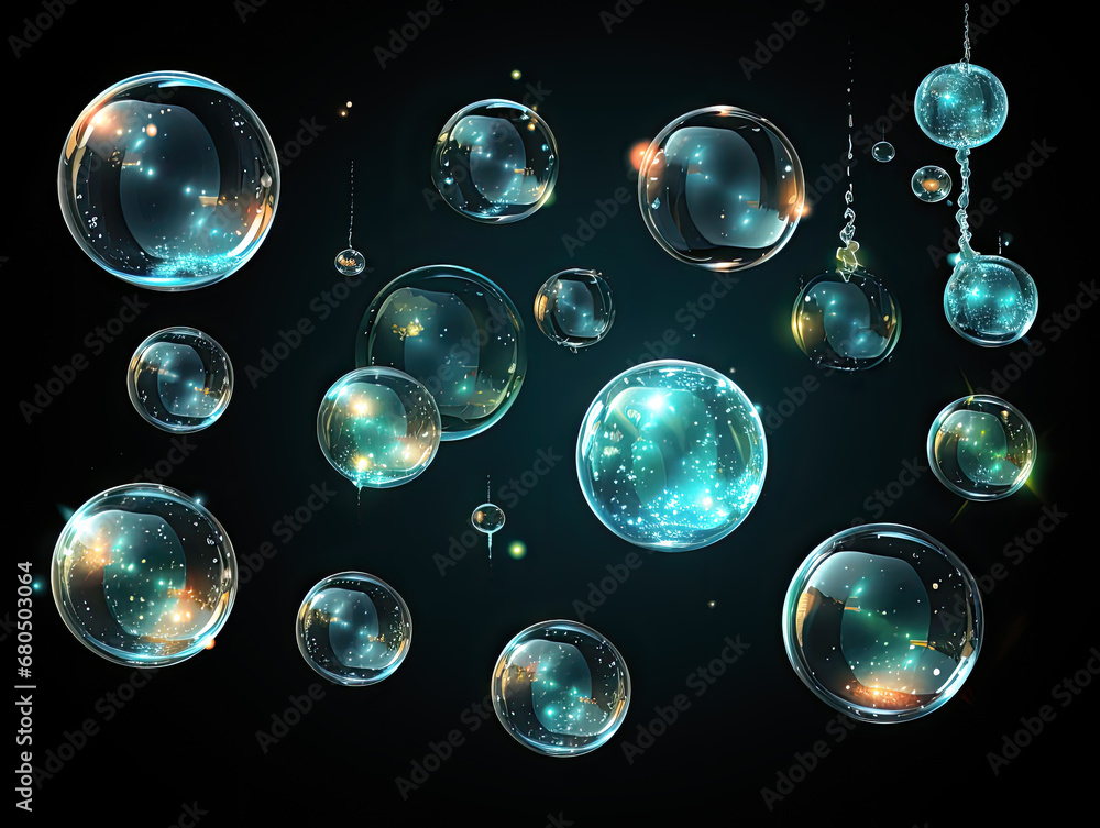 Realistic soap bubbles gathered in a collection, featuring a transparent background. Realistic soap bubbles gathered in a collection, featuring a transparent background.