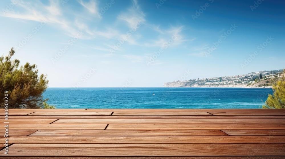 Wooden table on the background of the sea, island and the blue sky. High quality photo, generative ai