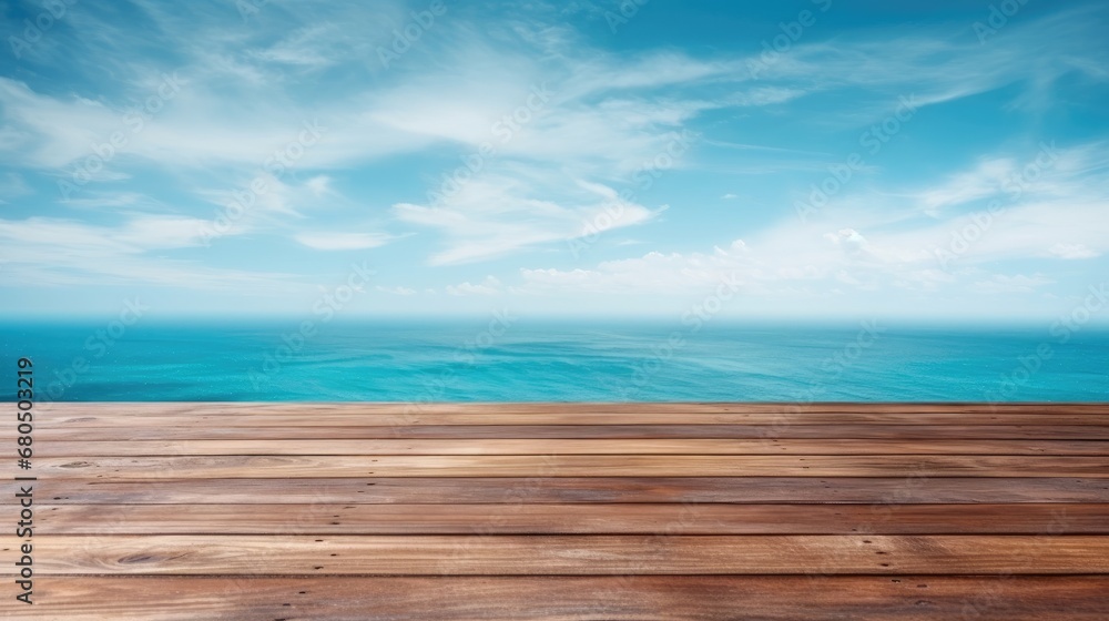 Wooden table on the background of the sea, island and the blue sky. High quality photo, generative ai