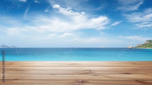 Wooden table on the background of the sea  island and the blue sky. High quality photo  generative ai