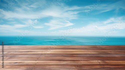 Wooden table on the background of the sea  island and the blue sky. High quality photo  generative ai