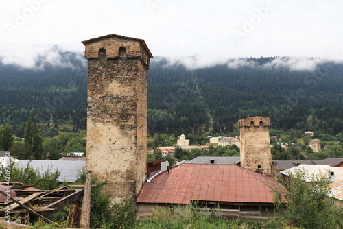 Svanetian towers in Mestia, Upper Svaneti, Georgia photo