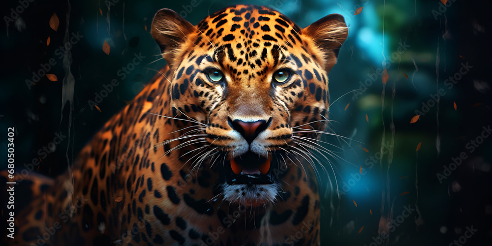portrait of a leopard ,leopard portrait close up on dark background. Neural network , Leopard Abstract Animal Wallpaper with Contrast Background Generative AI
