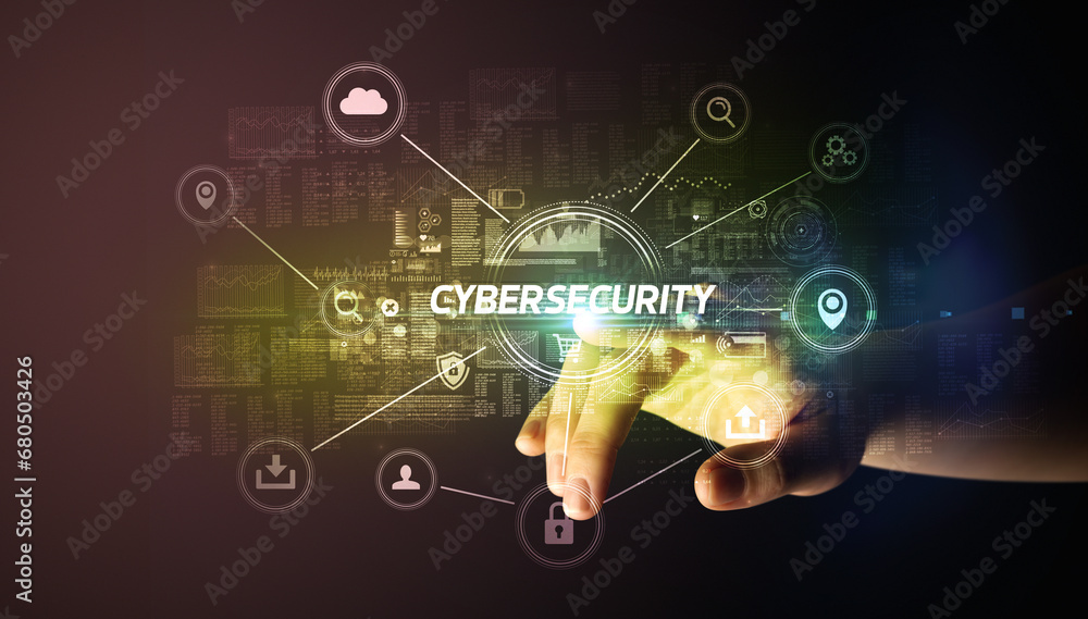 Hand touching cybersecurity button concept Hand touching cybersecurity button concept
