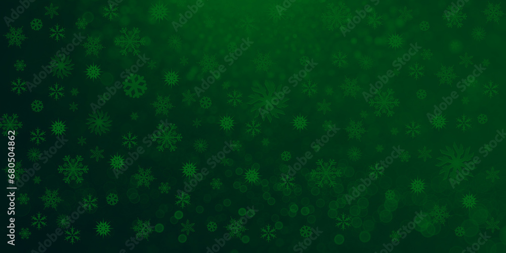 Tło zimowe zielone, wzór w płatki śniegu - obrazy, fototapety, plakaty 