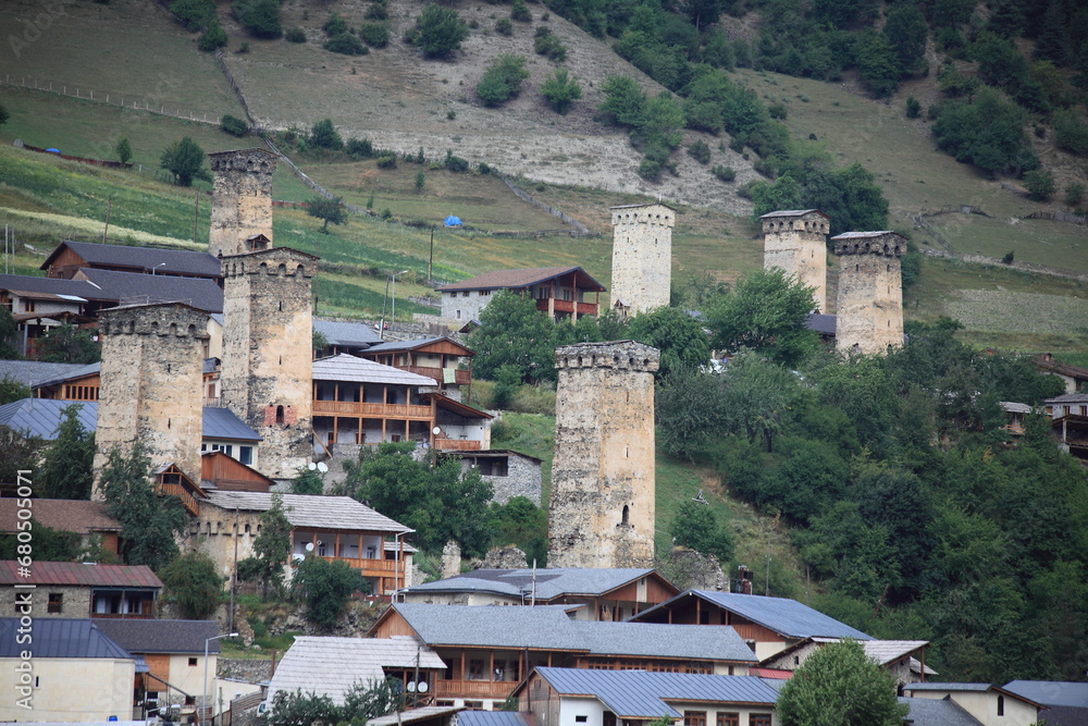 Obraz premium Svanetian towers in Mestia, Upper Svaneti, Georgia