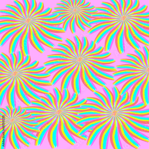 Psychedelic flower pattern with rainbow petals.