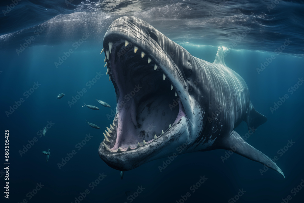 Obraz premium Full frontal view of a shark or whale creature about to attach with it's mouth wide open and sharp teeth