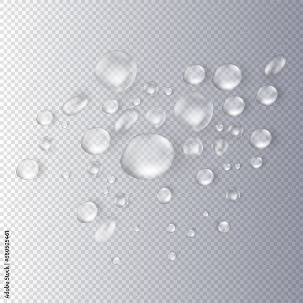 Set of realistic shiny pure water drops different shapes isolated on transparent background. Vector clear rain droplets, dew, aqua blobs or water bubbles. Condensation on the surface closeup