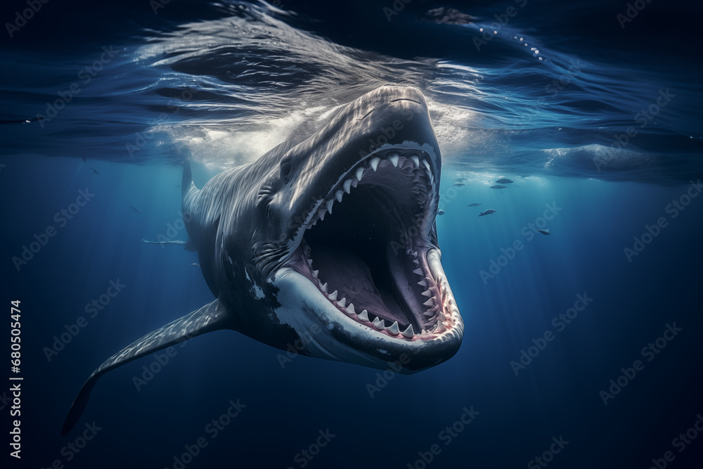 Large sea creature with it's mouth wide open. Large whale with his
