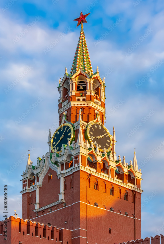 Spasskaya tower of Moscow Kremlin at sunset, Russia Spasskaya tower of Moscow Kremlin at sunset, Russia