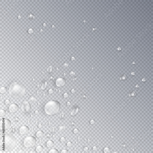 Pure realistic water drops or 3d condensation with light reflection on the surface or window. Shiny clear dew, rain droplets falling or aqua splash. Blobs overlay on transparent background